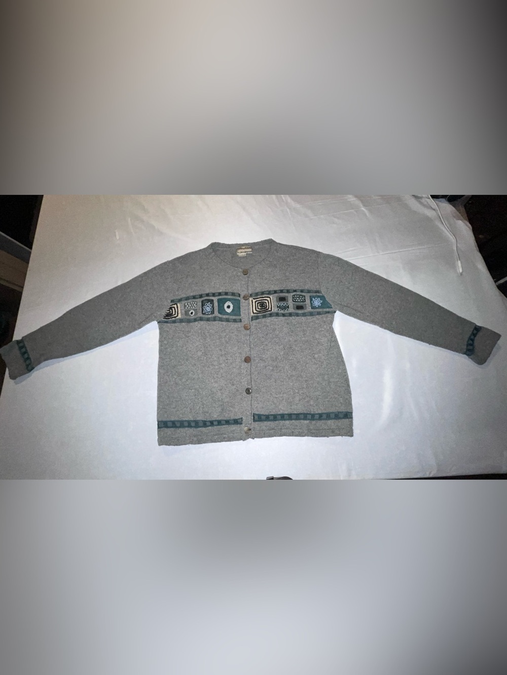 Royal Robbins Wool Blend Cardigan Gray Geometric Embroidered Grandmacore Sweater